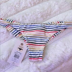Billabong Multistripe Tanga Bikini Bottom in Navy, Red & Yellow